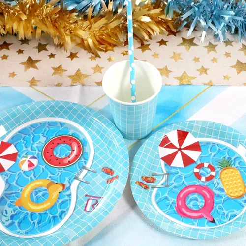 Miniatura 4 de Suministros y decoraciones para fiesta en piscina, juego de platos y servilletas de papel desechables de verano para niños con tazas y pajitas