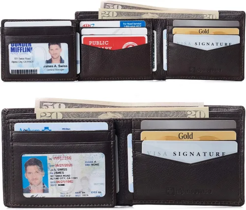 Miniatura 2 de Alpine Swiss RFID - Cartera de piel con 2 compartimentos para documentos de identidad, con ventana dividida, sección para billetes, en caja