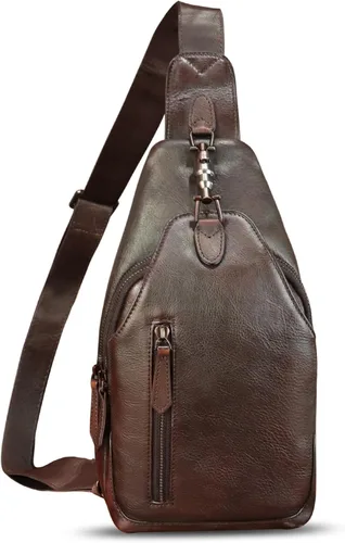 Miniatura 6 de Bolso de cuero genuino para mujeres y hombres, mochila bandolera de cuero real para el hombro, bolso cruzado en el pecho, Café