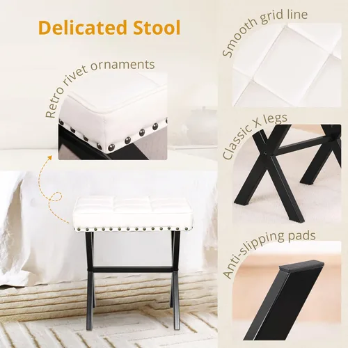 Miniatura 7 de LUE BONA Taburete de tocador blanco, asiento cuadrado de piel sintética con patas en X de metal, pequeña silla otomana para sala de maquillaje, sala