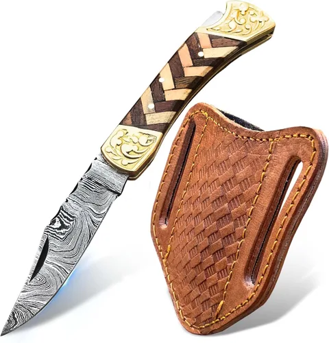 Miniatura 9 de Cuchillo de bolsillo de Damasco hecho a mano con funda, cuchillo de caza plegable de 7" con mango de madera, pequeño cuchillo de camping