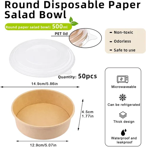 Miniatura 2 de Paquete de 50 cuencos redondos desechables de papel kraft de 17 onzas, recipientes desechables para alimentos con tapas para ensalada dietética