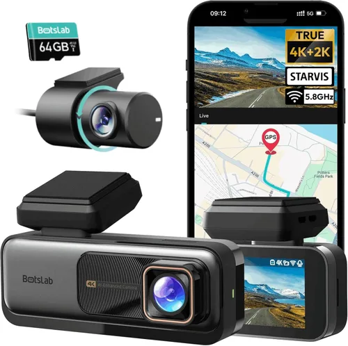 BOTSLAB Cámara de tablero 4K delantera y trasera [2026 actualizada], tarjeta SD de 64 GB incluida, sensor STARVIS, cámara de tablero ultra ancha