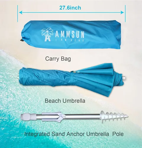 Miniatura 2 de AMMSUN - Sombrilla de playa portátil de 6.5 pies, plegable dos veces, con ancla de arena, poste inclinable a prueba de viento, ventilación de aire