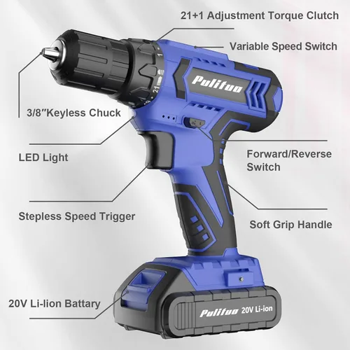 Miniatura 4 de PULITUO Taladro eléctrico de 20 V con batería y cargador, par de 30 N.m, 21+1 velocidades, 59 piezas de brocas y juego de tornillos (azul)