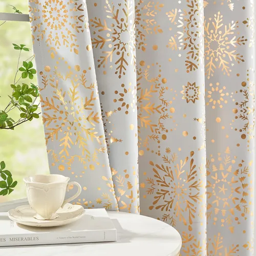 Miniatura 25 de Treatmentex Cortinas Opacas de Oro Marfil con Estampado de Copos de Nieve, Paneles de Cortina para Sala de Estar de 63 Pulgadas con Medallón Floral