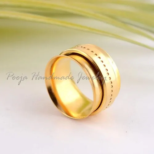 Miniatura 3 de Gold Spinning Ring, Spinner Texture Ring, Meditation Handmade Ring, Carved Spinner Ring, Gold Plated Wide Bang Ring, 925 Sterling Silver Ring