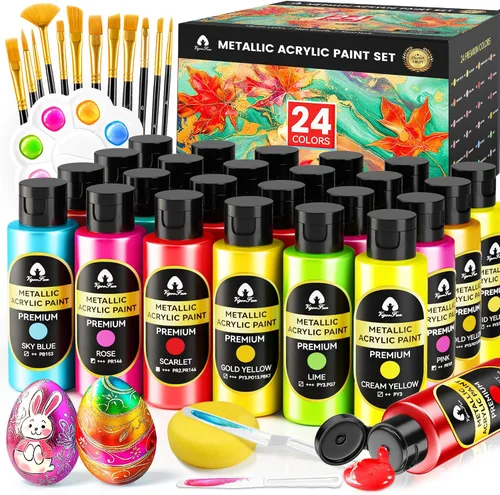Miniatura 13 de Juego de pintura acrílica iridiscente de 40 piezas con 12 pinceles, 2 cuchillos y paleta, 24 colores (2 onzas/60 ml) - para adultos, artistas