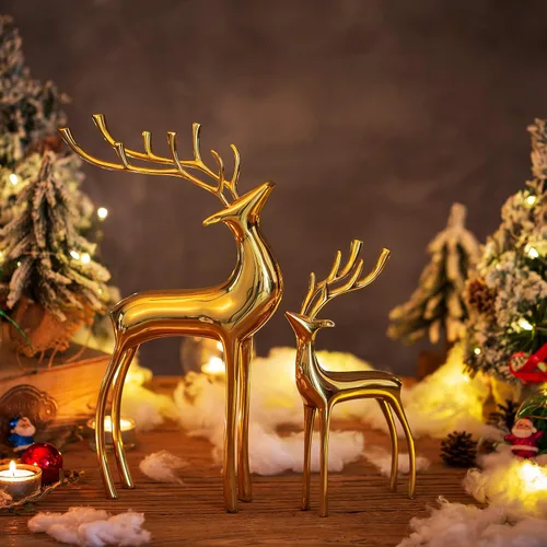 Miniatura 4 de Sziqiqi Juego de 2 estatuas de renos de lujo, adornos de reno pesado de cobre puro para decoración del hogar, sala de estar, oficina, libro, mantel