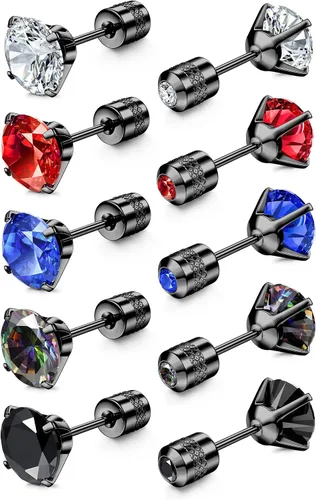 Miniatura 10 de CASSIECA 5 pares de aretes de acero inoxidable con circonita cúbica 5A arcoíris para mujeres y hombres, con diseño de arco iris 5A