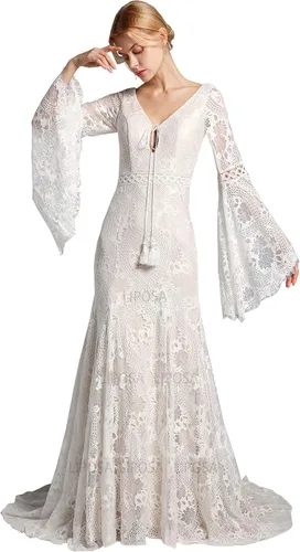 Miniatura 3 de LIPOSA Vestidos de novia de encaje bohemio para novias, mangas largas acampanadas, cuello en V, vestidos de novia de sirena con tren de barrido