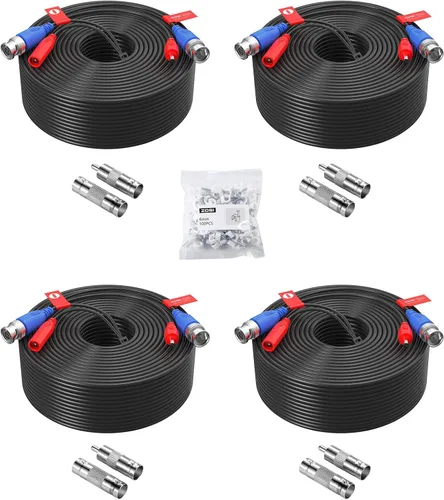 ZOSI Paquete de 4 cables de alimentación de video todo en uno de 150 pies (147.6 ft), cables de cámara de vigilancia de extensión BNC para sistemas