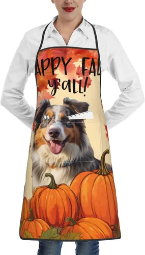 nopicsn Happy Fall Y'all - Delantal de pastor australiano de arce con diseño de pumkin My Love Dog para cocinar con bolsillos, delantales divertidos