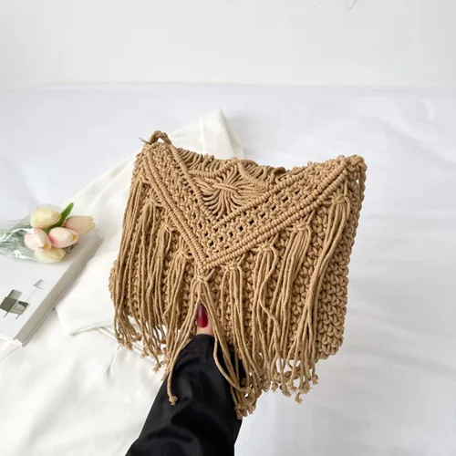 Miniatura 3 de Bolso de hombro de algodón hecho a mano para mujer, con solapa, con flecos, con borlas, tejido a mano, bohemio