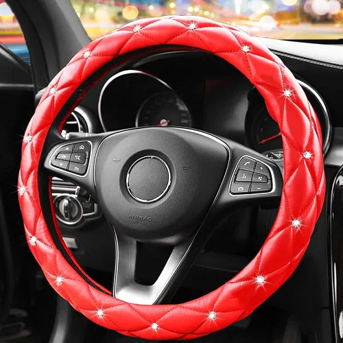 Miniatura 8 de YOGURTCK Linda funda antideslizante para volante de cuero rosa suave con diamantes y cristales brillantes, universal de 15 pulgadas para mujeres