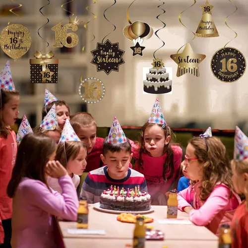Miniatura 5 de Decoraciones de techo colgantes de remolinos de feliz 16 años, celebración, 16 remolinos colgantes de aluminio con recortes para dulces 16 años