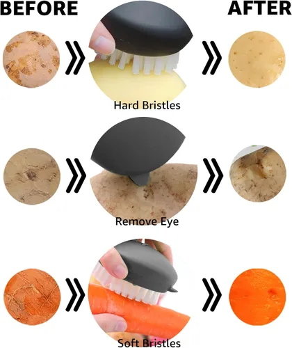 Miniatura 2 de Paquete de 2 cepillos para patatas, limpiador de verduras negras para verduras de raíz, limpiador de productos de doble cerdas con agarre Paquete