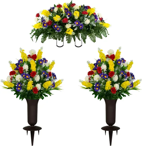 Miniatura 20 de Sympathy Silks Flores artificiales para cementerios – Decoraciones para tumbas - 1 ramo de flores silvestres de violeta púrpura y naranja, 1 montura