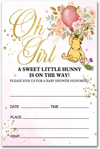 Miniatura 6 de brayqu Winnie the Pooh Girl - Invitaciones para fiesta de baby shower, color rosa (20 tarjetas con sobres)
