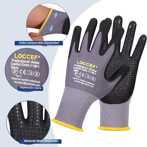 Miniatura 3 de LOCCEF Guantes de Trabajo con Revestimiento de Nitrilo MicroFoam - 6 Pares, Resistencia Tejido Sin Costuras de Nylon, Puntos en la Palma, Guantes
