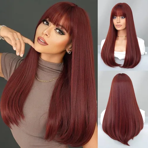 Miniatura 9 de PARK YUN 27IN Cool Ash Platinum Blonde Straight Wig with Bangs Long Layered Synthetic Wig Shadow Root Light Beige Blonde Hair Heat Resistant Natural