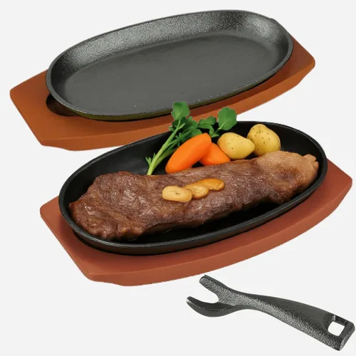 JapanBargain, Juego de 2 platos chisporroteantes de hierro fundido con bases de madera, platos para servir carne y fajita, parrilla pre-sazonada,