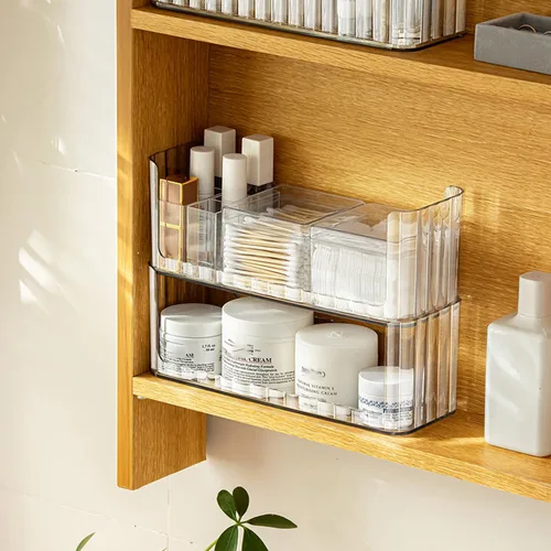 Organizador de estantes de 2 niveles para botiquín, compartimentos para almacenamiento de maquillaje, bandejas de estante para pared de gabinete de