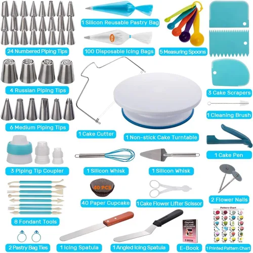 Miniatura 2 de Kit de 207 piezas de suministros de decoración de pasteles para principiantes, tocadiscos de tartas, más de 100 bolsas de tuberías, puntas