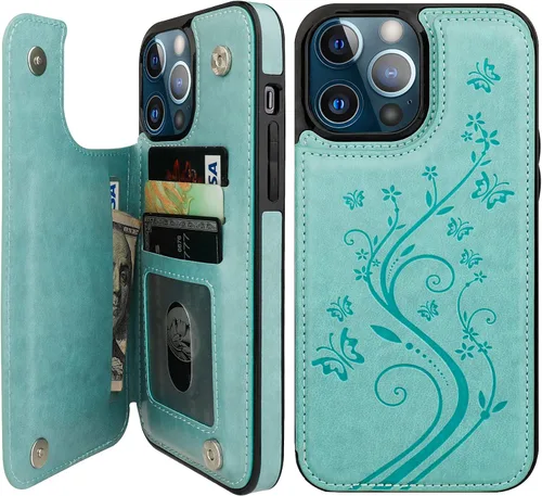 Miniatura 12 de Vaburs Funda compatible con iPhone 13 Pro Max con tarjetero y diseño de mariposa en relieve, de piel sintética, doble botón, a prueba de golpes, Azul