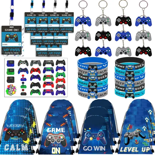 122 piezas de recuerdos de fiesta de videojuegos, recuerdos de fiesta de jugadores para niños, incluye bolsas con cordón de fiesta de videojuegos de