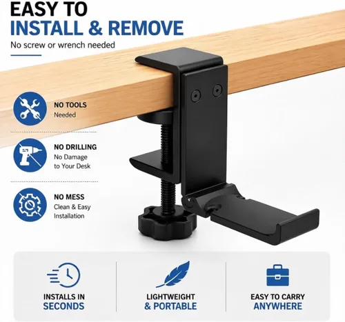 Miniatura 3 de Soporte de aluminio para auriculares debajo del escritorio, soporte plegable para auriculares con organizador de cables, gancho ajustable