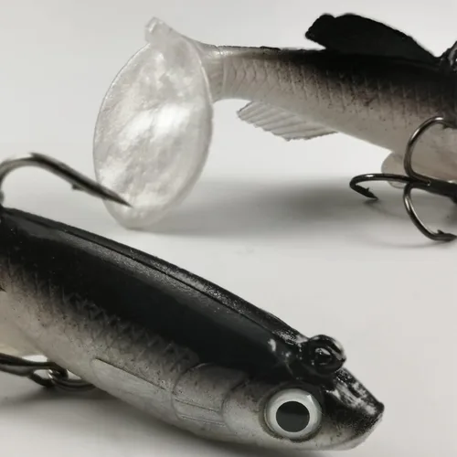 Miniatura 7 de Señuelos de pesca suaves, cebos de sábalo y pececillo, señuelos de cola de paleta con cabeza de plantilla premontada para lubina, trucha