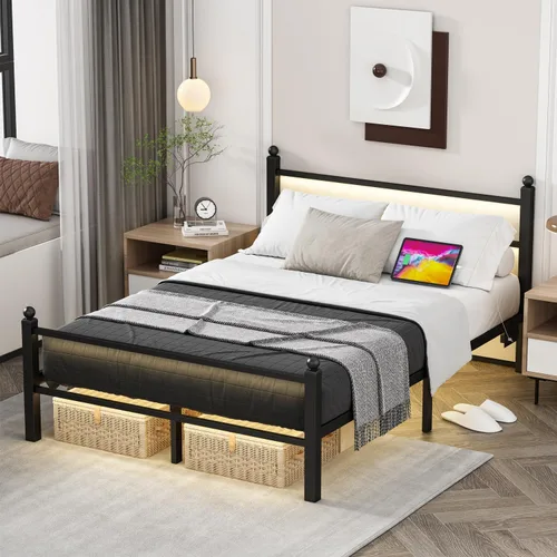 Miniatura 11 de Marcos de cama individuales con estación de carga y luces LED, marco de cama de metal tamaño individual con cabecera y pie de cama, plataforma