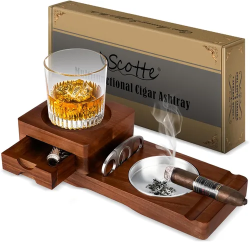 Miniatura 7 de Scotte Posavasos Cenicero Bandeja de Vaso de Whiskey y Cenicero de Madera con Cortador de Puros, Incluye Cajón y Ranura para Puros Hogar Oficina