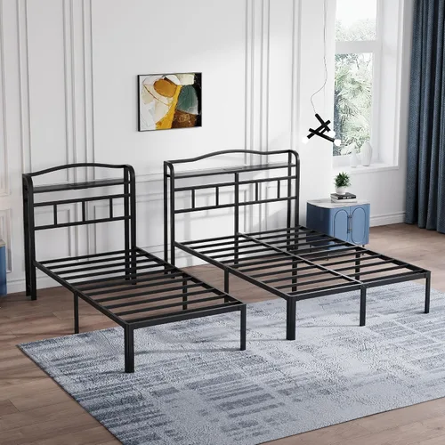 Miniatura 8 de SHOANED Base de cama de metal de 14 pulgadas, base de colchón básica de plataforma resistente de color negro con cabecera y estación de carga,