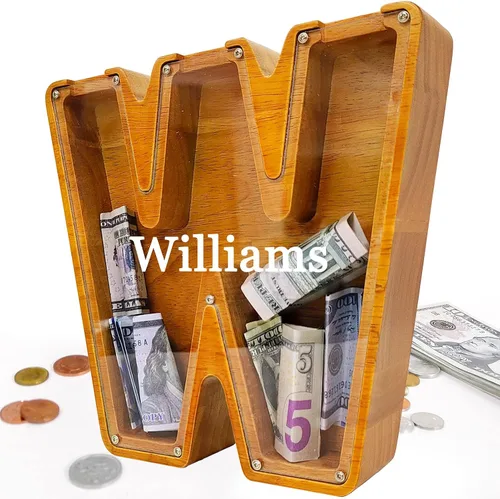 Miniatura 54 de Alcancía para niños y niñas, alcancía grande de madera personalizada con diseño recortado, bancos de monedas con letras del alfabeto, caja de ahorro