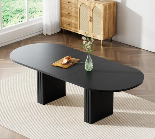 Miniatura 7 de Juego de 4 mesas de comedor extensibles, mesa de comedor ovalada negra y 4 sillas de comedor de terciopelo negro con patas de madera, juego de mesa