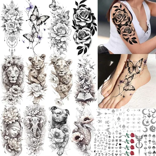 Miniatura 19 de COKTAK 64 hojas grandes de tatuajes temporales de brazo negro para hombres, antebrazo, mujeres, muslo, media manga, animales, león, tigre, lobo