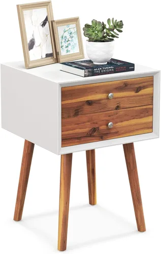 Miniatura 12 de GIANTEX - Mesa auxiliar con cajones y almacenamiento, mesa auxiliar de madera estilo Mid Century multiusos para dormitorio, sala de estar, muebles