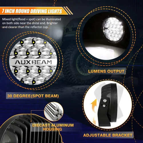 Miniatura 3 de Auxbeam Kit combinado de luces de conducción redondas de 7 pulgadas con cubiertas negras, 240 W, 24000 lúmenes, luces LED impermeables para todo