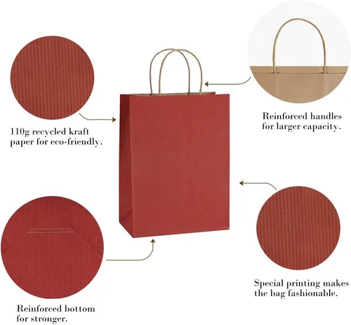 Miniatura 3 de BagDream Bolsas de regalo de 10 x 5 x 13 pulgadas, 50 bolsas de papel kraft grandes de rayas rojas con asas a granel para compras, mercancía, venta