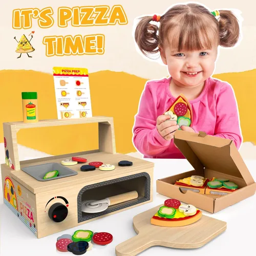 Miniatura 7 de WOODMAM Juguete de pizza de madera – 48 piezas Montessori pretender Play Food para mayores de 3 años, juguete educativo de aprendizaje de madera