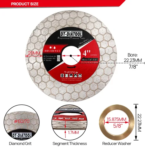 Miniatura 2 de DT-DIATOOL Disco de corte de azulejos de hoja de sierra de diamante de 4 pulgadas para amoladora angular de eje de 7/8 "- 5/8" para cortar