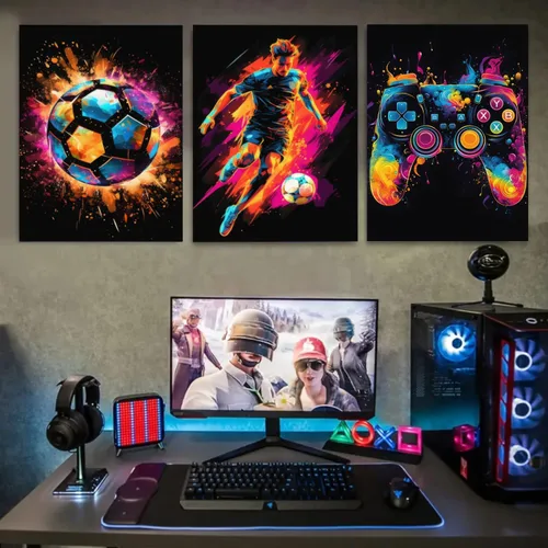 Miniatura 5 de BGFCE Arte de Lienzo de Pared para Gaming, Pinturas de Arte de Controlador de Juego con Salpicaduras de Tinta de Color, Pósteres para Estética
