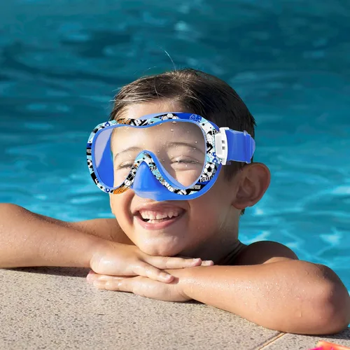Miniatura 9 de Gafas de natación para niños con cubierta para la nariz, máscara de esnórquel panorámica de 180° con diseño antivaho y antifugas, correa de tela