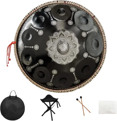 22 pulgadas 10 notas D menor 432HZ instrumento de tambor de acero handpan para adultos, negro
