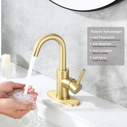 Miniatura 5 de Grifo de lavabo de barra dorado cepillado con placa de cubierta y líneas de suministro, de un solo agujero, de acero inoxidable, de un solo mango