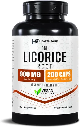 Healthfare Extracto de raíz de regaliz de 900 mg | 200 cápsulas veganas DGL Suplemento | Fórmula herbaria extra fuerte | Sin OMG, sin gluten |