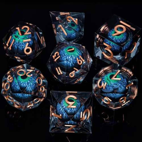 Miniatura 2 de Dragon Eye - Dados DND de núcleo líquido con caja, juego de dados poliédricos de borde afilado verde y azul de resina hechos a mano transparentes D