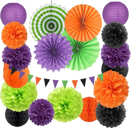Decoraciones de Halloween en negro, púrpura y naranja-verde - 20 piezas de linternas de papel, pompones de seda, bolas de panal, decoración para